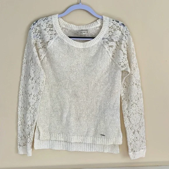 ABERCROMBIE & FITCH Cream Lace Sleeve Gold Fleck Pullover Sweater Size S - Picture 2 of 8